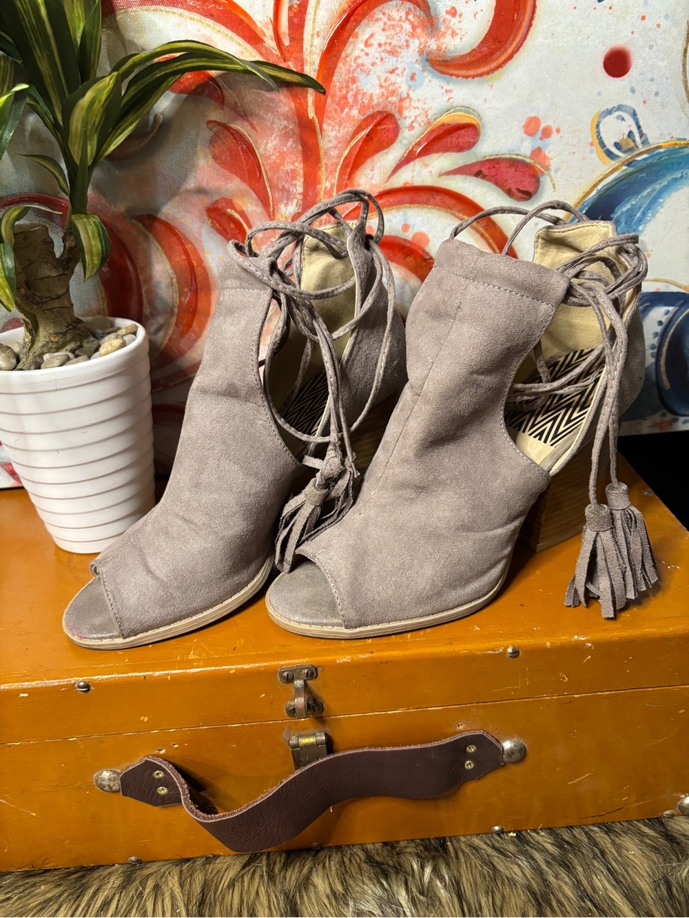 Qupid Taupe Lace-Up Peep Toe Heeled Booties